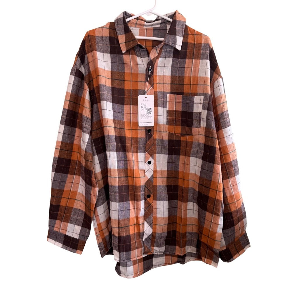 NWT Mens Workwear Grunge Long Sleeve Plaid Flannel Button Up Shirt Brown Sze 5XL